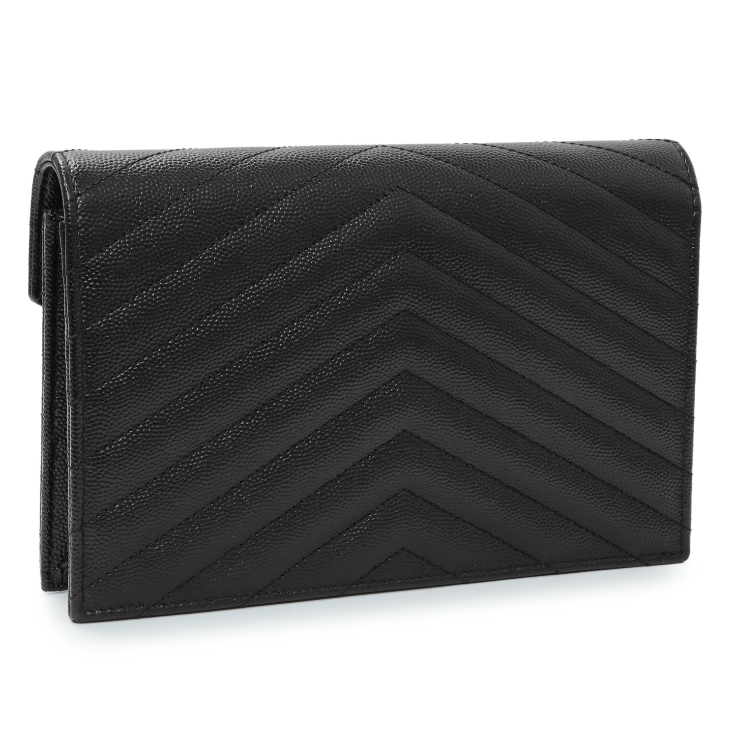 Exclusive Saint Laurent Black Grain De Poudre Matelasse Chevron Monogram Envelope Chain Wallet — Side View