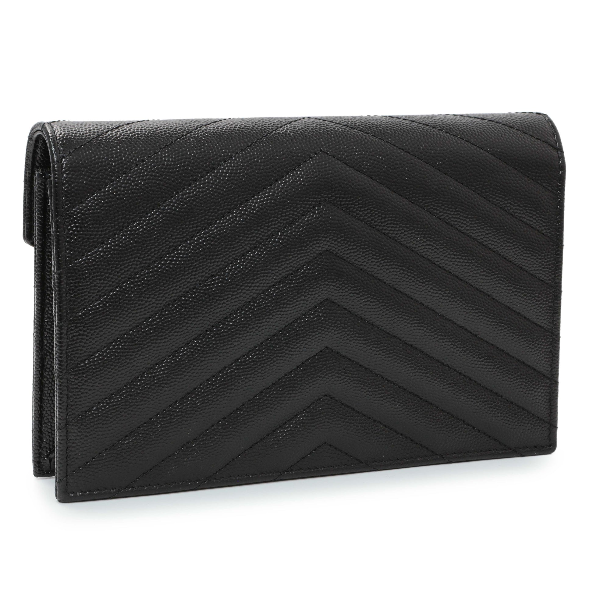 Exclusive Saint Laurent Black Grain De Poudre Matelasse Chevron Monogram Envelope Chain Wallet — Side View