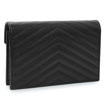 Exclusive Saint Laurent Black Grain De Poudre Matelasse Chevron Monogram Envelope Chain Wallet — Side View