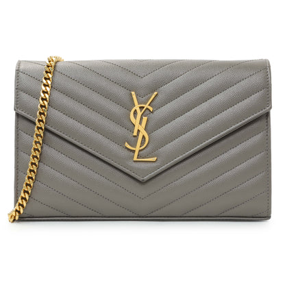 Exclusive Saint Laurent Grey Grain De Poudre Matelasse Chevron Monogram Chain Wallet — Front View