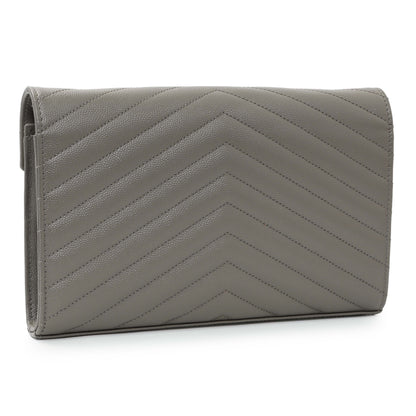 Exclusive Saint Laurent Grey Grain De Poudre Matelasse Chevron Monogram Chain Wallet — Side View
