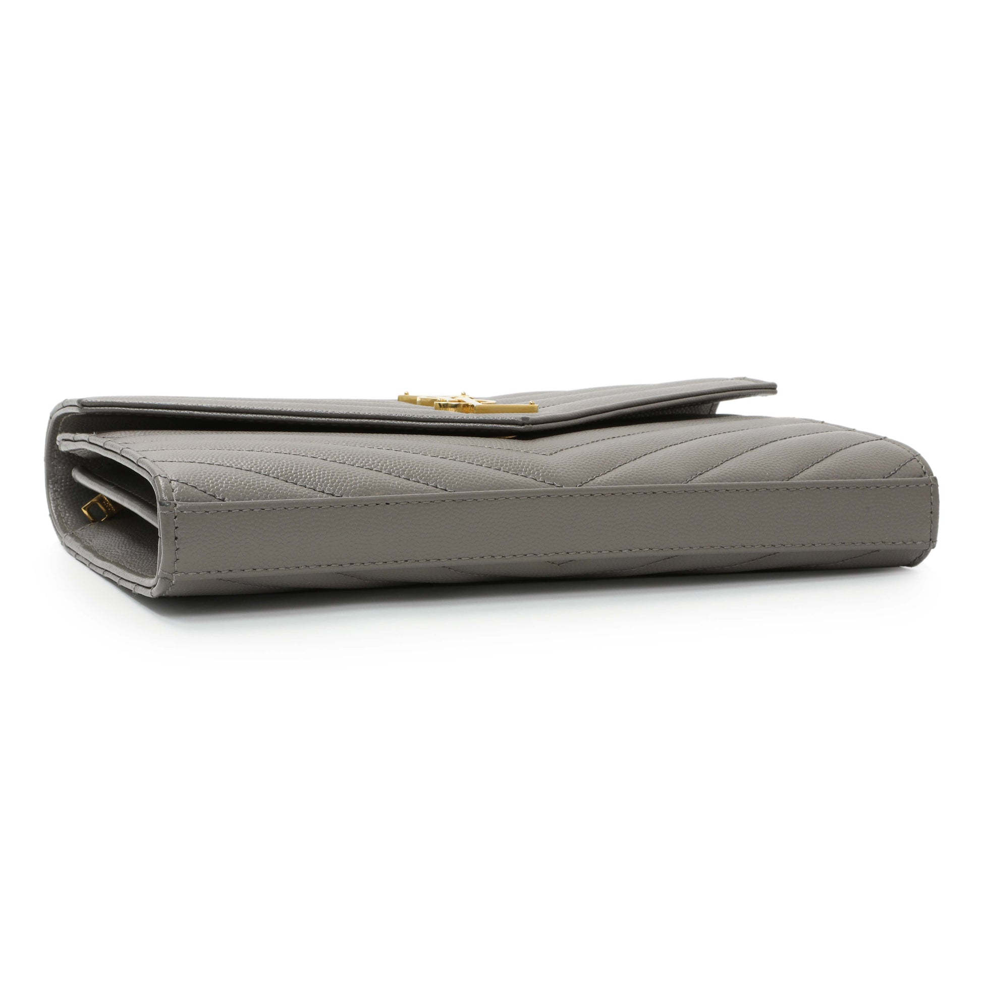 Exclusive Saint Laurent Grey Grain De Poudre Matelasse Chevron Monogram Chain Wallet — Back View