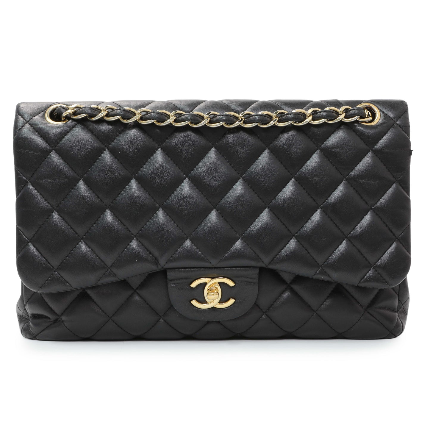 Exclusive Chanel Black Lambskin Quilted Jumbo Double Flap — Front View