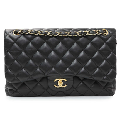 Exclusive Chanel Black Lambskin Quilted Jumbo Double Flap — Front View