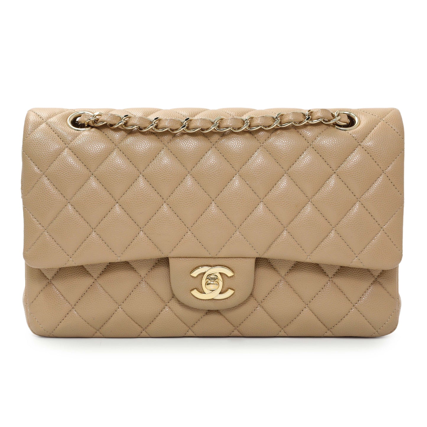 Exclusive Chanel Beige Quilted Caviar Medium Double Flap — Front View