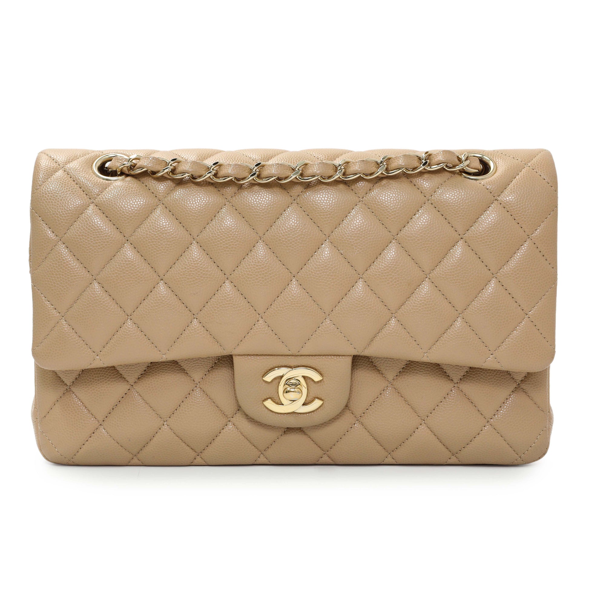 Exclusive Chanel Beige Quilted Caviar Medium Double Flap — Front View