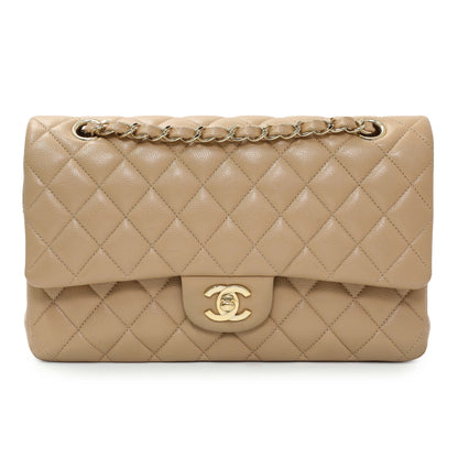 Exclusive Chanel Beige Quilted Caviar Medium Double Flap — Front View