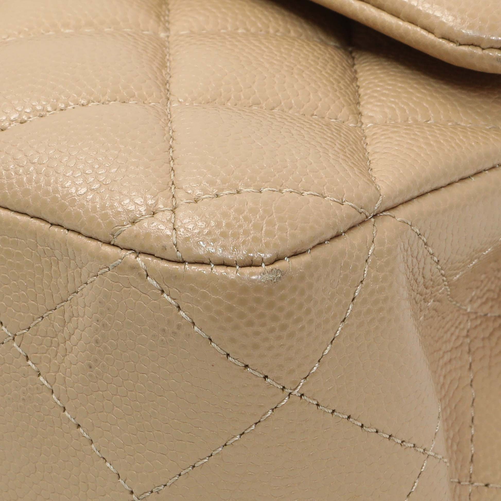 Exclusive Chanel Beige Quilted Caviar Medium Double Flap — Detail View