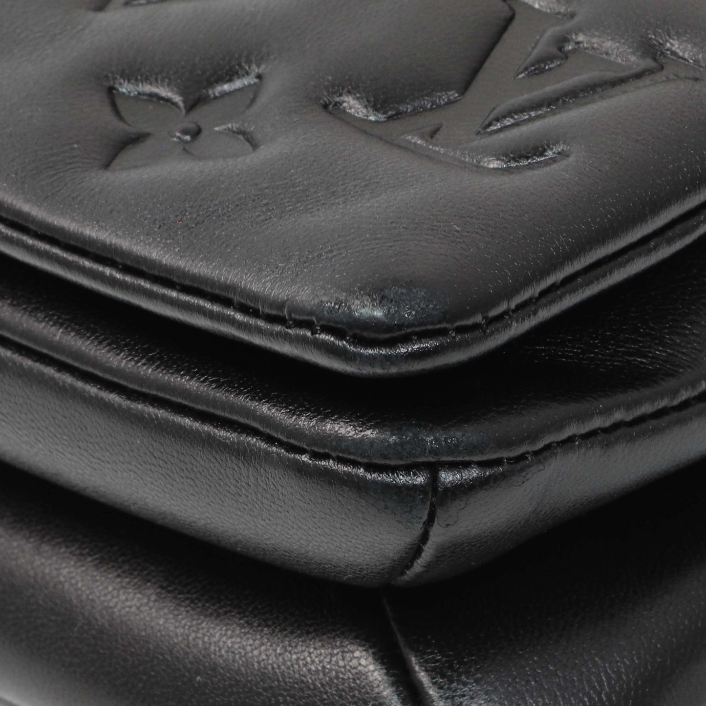 Exclusive Louis Vuitton Black Lambskin Embossed Monogram Pochette Coussin Crossbody — Detail View