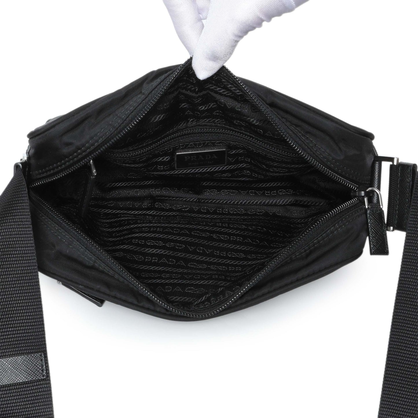 Exclusive Prada Black Re-Nylon Vela Saffiano Pocket Double Zip Shoulder Bag — Top View