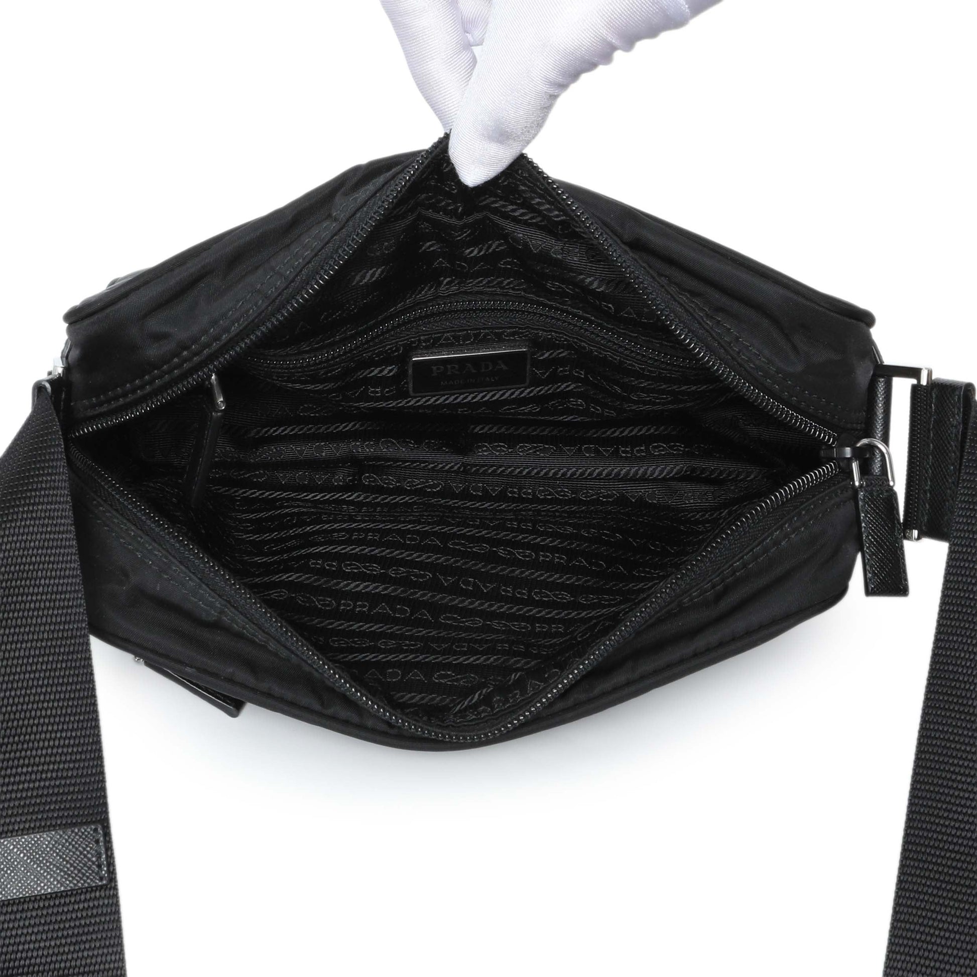Exclusive Prada Black Re-Nylon Vela Saffiano Pocket Double Zip Shoulder Bag — Top View