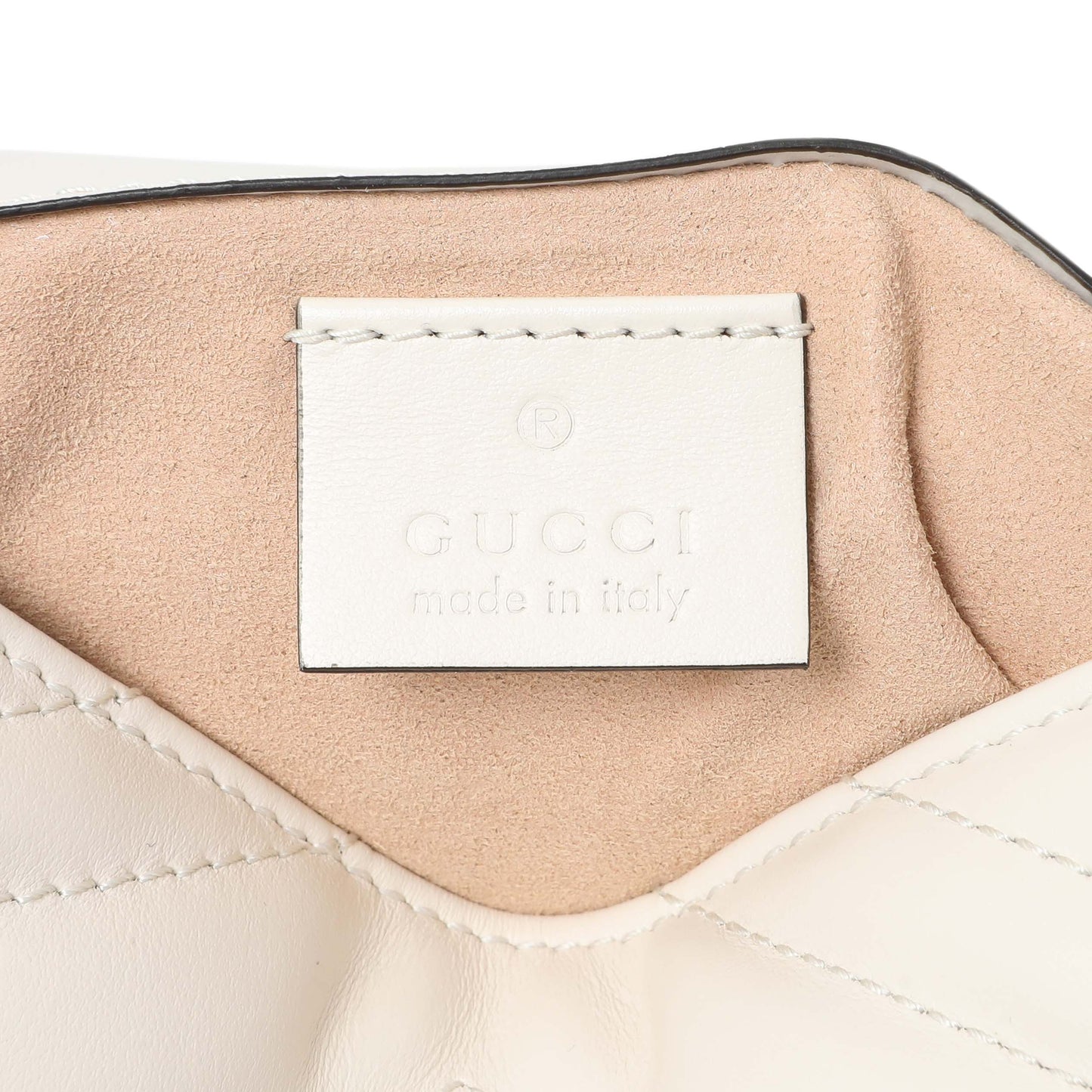 Exclusive Gucci White Calfskin Matelasse Super Mini GG Marmont Shoulder Bag — Detail View