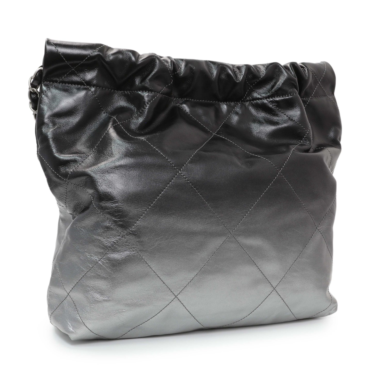 Exclusive Chanel Black Silver Metallic Shaded Quilted Shiny Calfskin Small Chanel 22 — Side View