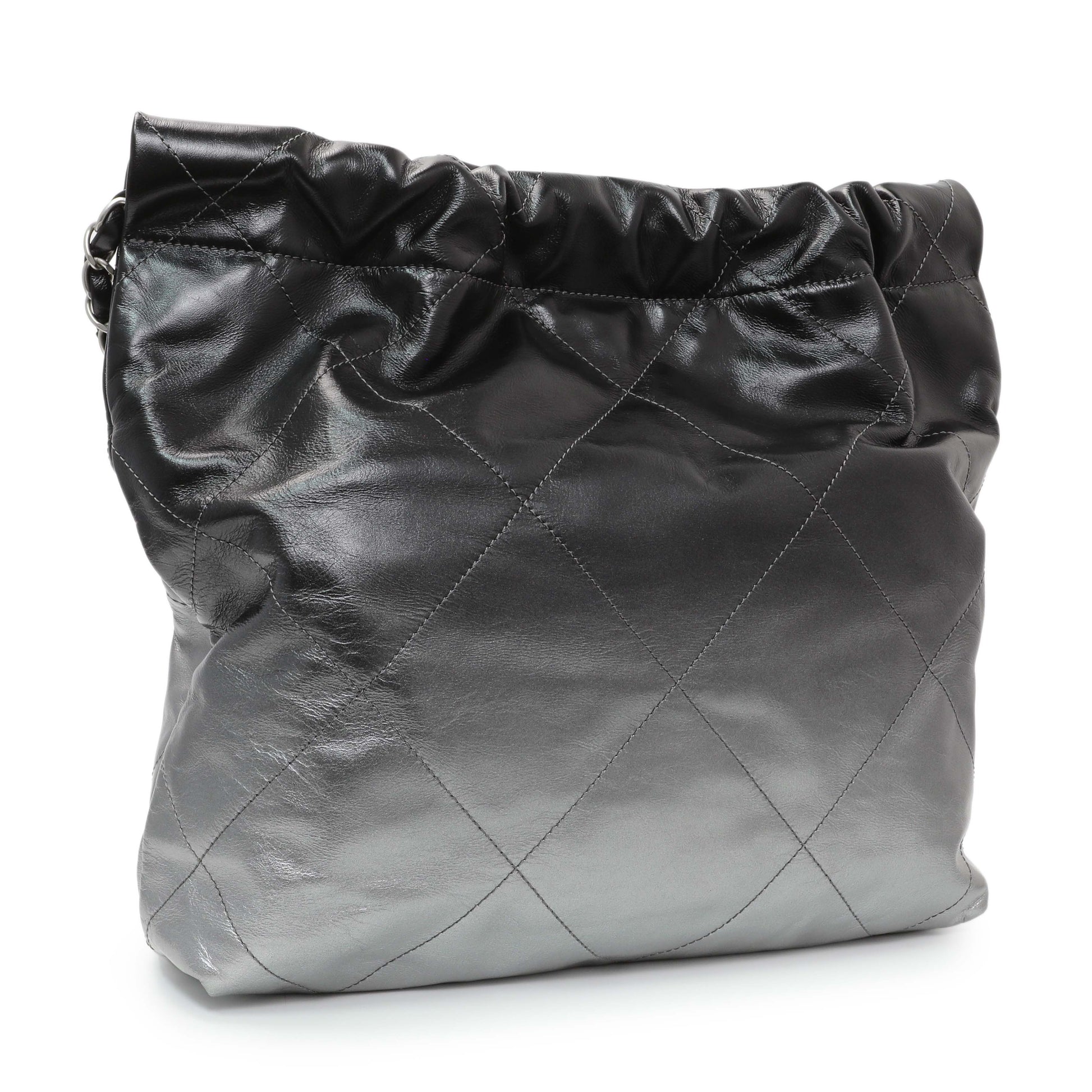 Exclusive Chanel Black Silver Metallic Shaded Quilted Shiny Calfskin Small Chanel 22 — Side View