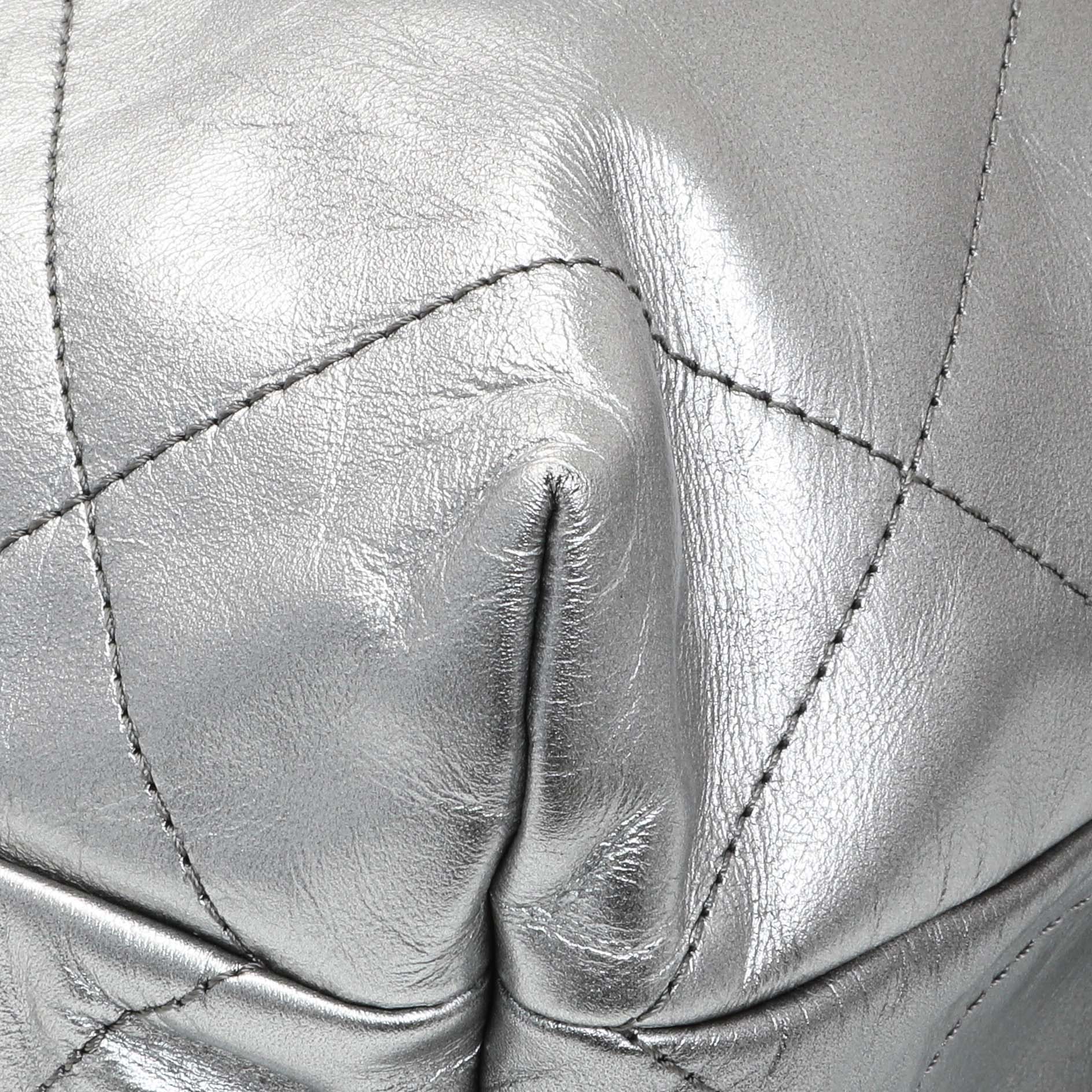 Exclusive Chanel Black Silver Metallic Shaded Quilted Shiny Calfskin Small Chanel 22 — Detail View