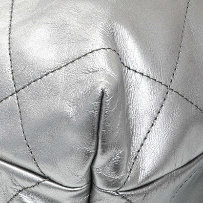 Exclusive Chanel Black Silver Metallic Shaded Quilted Shiny Calfskin Small Chanel 22 — Detail View