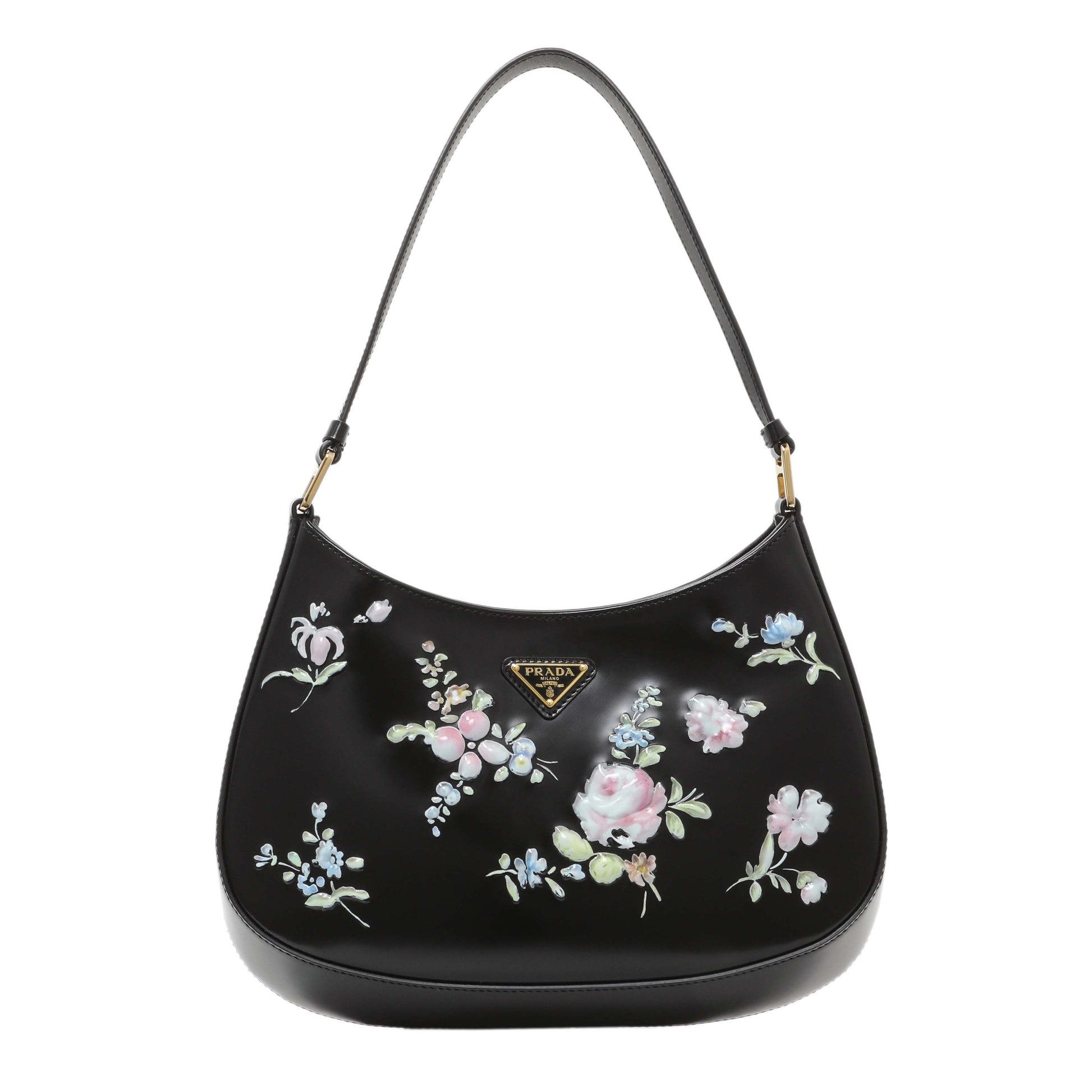 Exclusive Prada Black Floral Spazzolato Cleo Bag — Front View