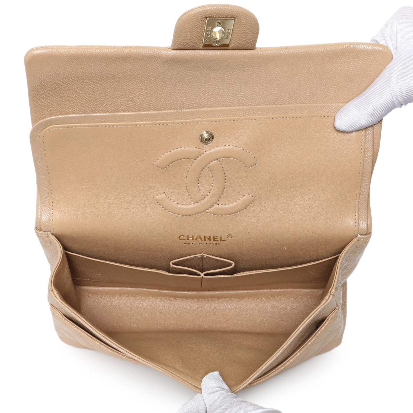 Exclusive Chanel Beige Quilted Caviar Medium Double Flap — Alternate View 8