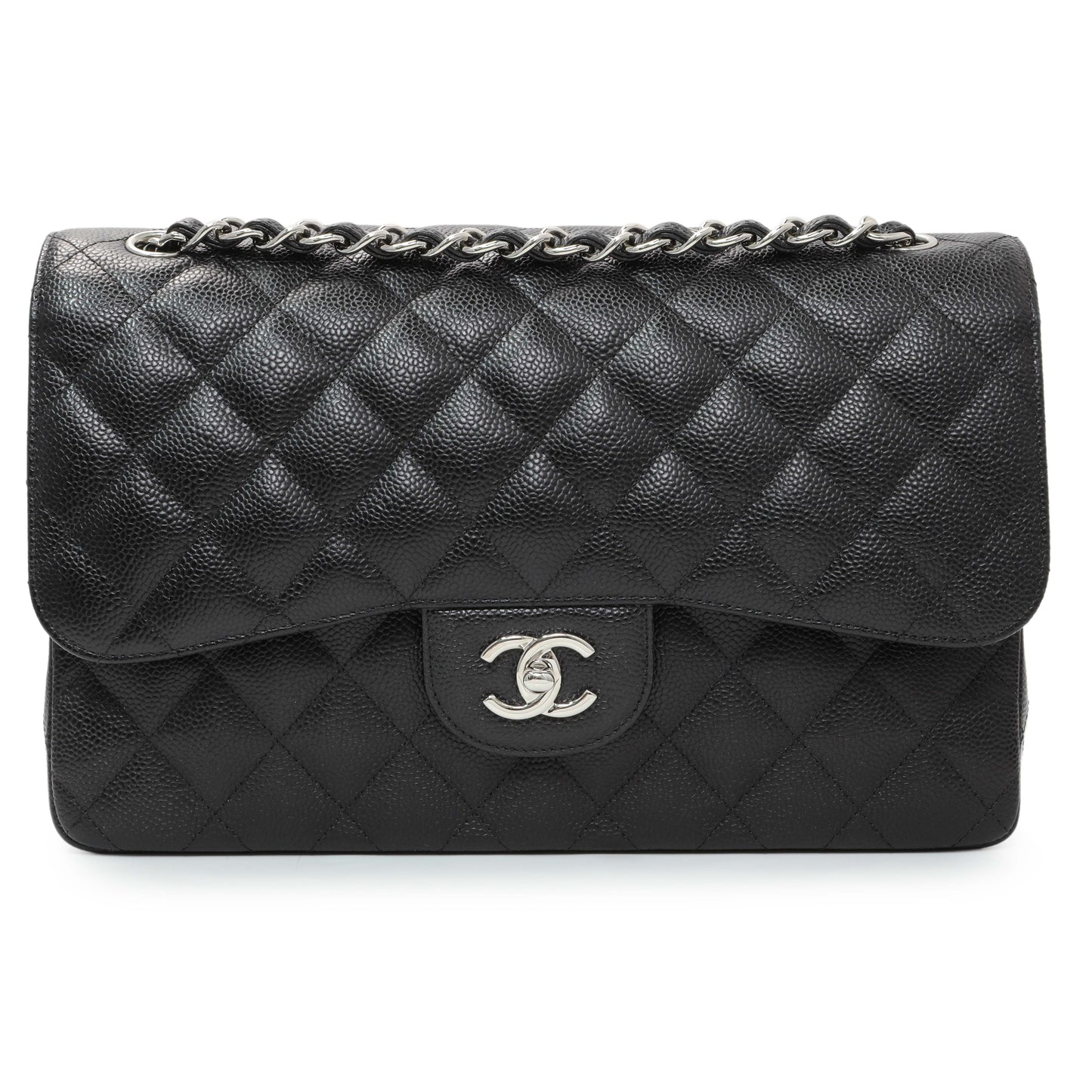 Exclusive Chanel Black Caviar Jumbo Classic Double Flap — Front View