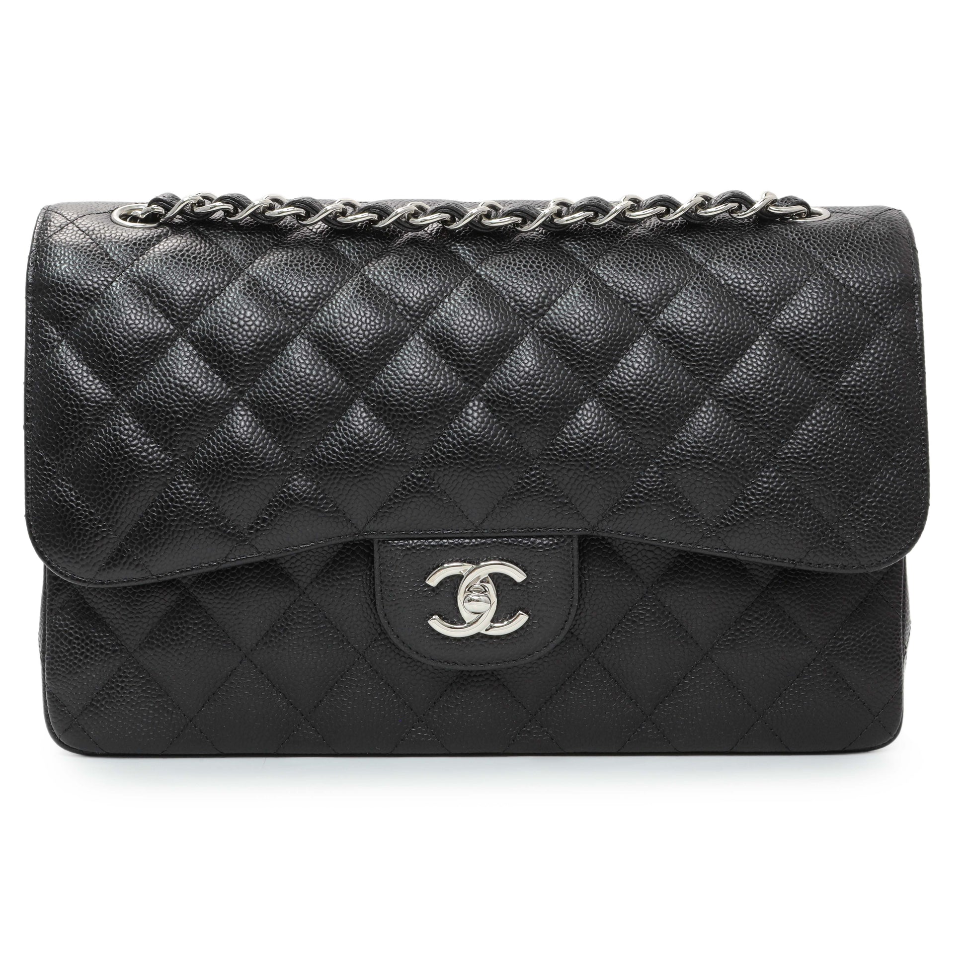 Exclusive Chanel Black Caviar Jumbo Classic Double Flap — Front View