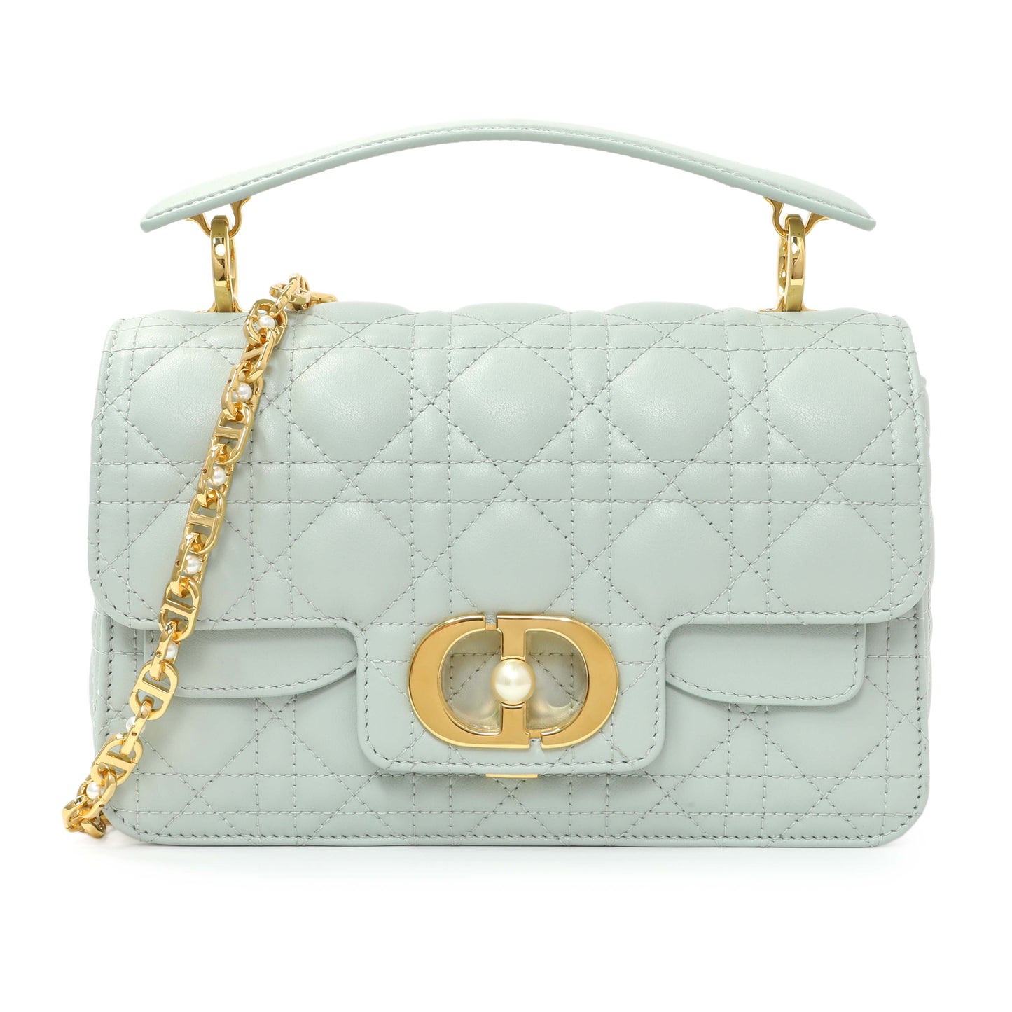 Exclusive Christian Dior Light Blue Lambskin Cannage Small Jolie Top Handle Bag — Front View