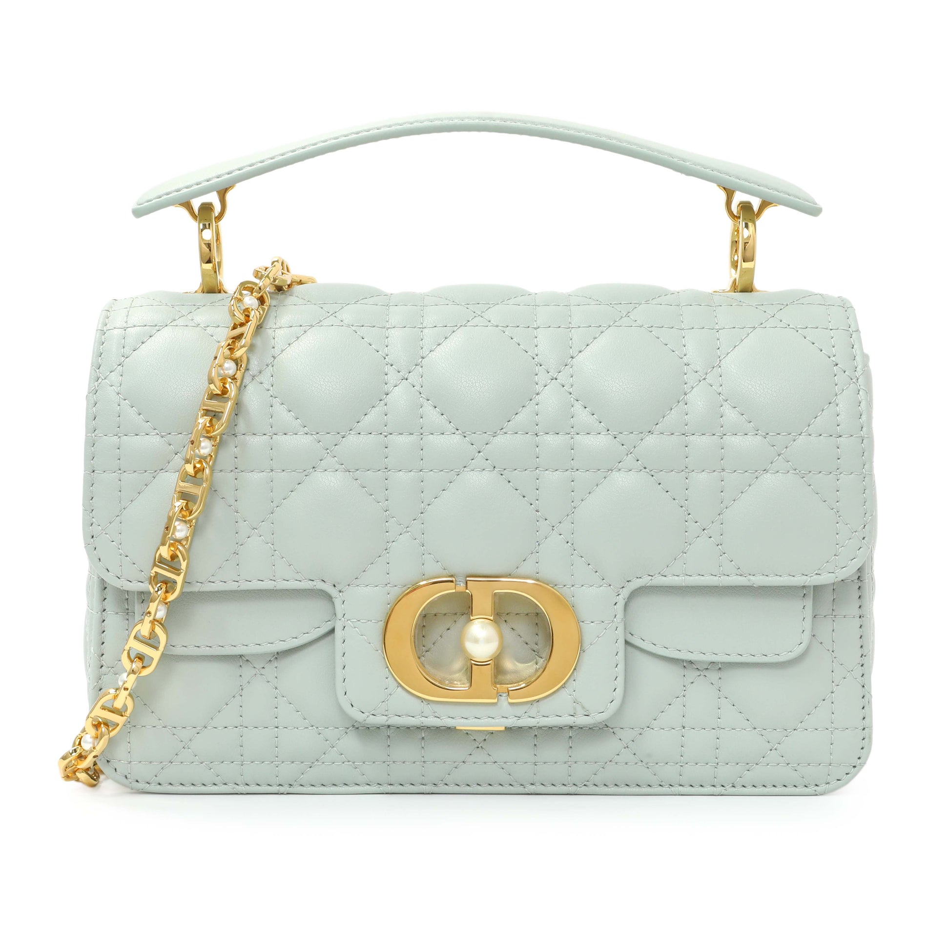 Exclusive Christian Dior Light Blue Lambskin Cannage Small Jolie Top Handle Bag — Front View