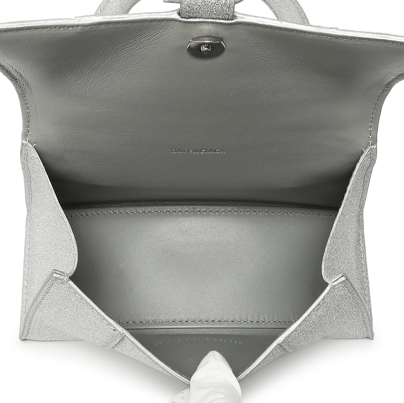 Exclusive Balenciaga Silver Sparkling Fabric Hourglass Top Handle Bag XS — Top View
