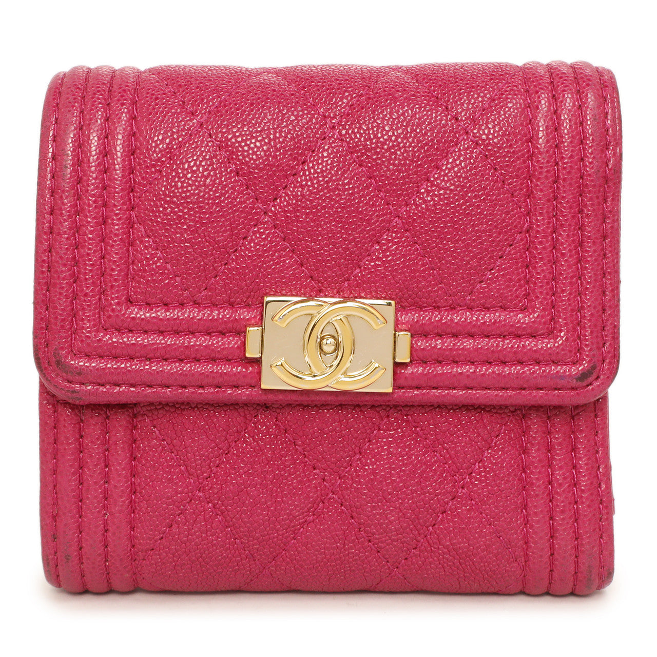 Exclusive Chanel Fuchsia Quilted Caviar Boy Compact Wallet — Front View