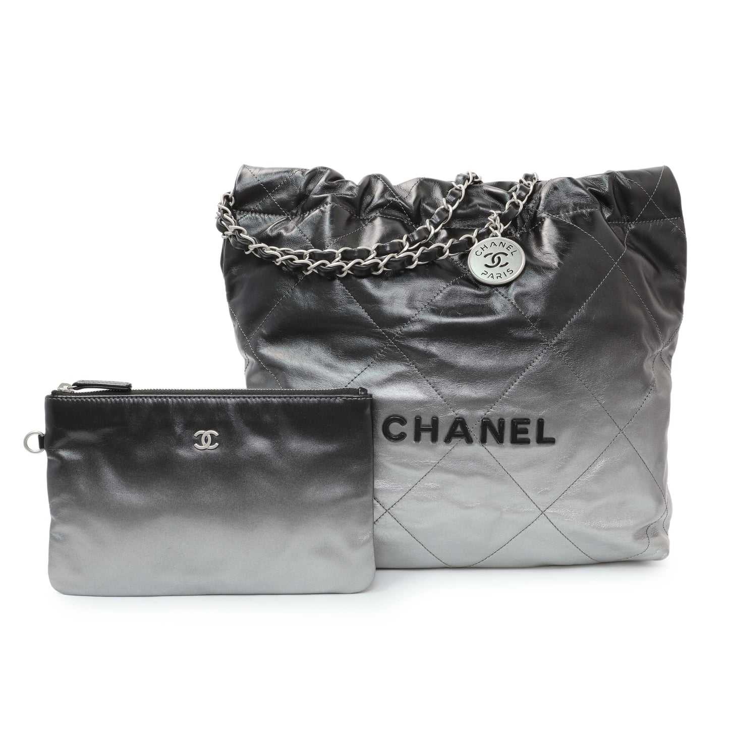 Exclusive Chanel Black Silver Metallic Shaded Quilted Shiny Calfskin Small Chanel 22 — Front View