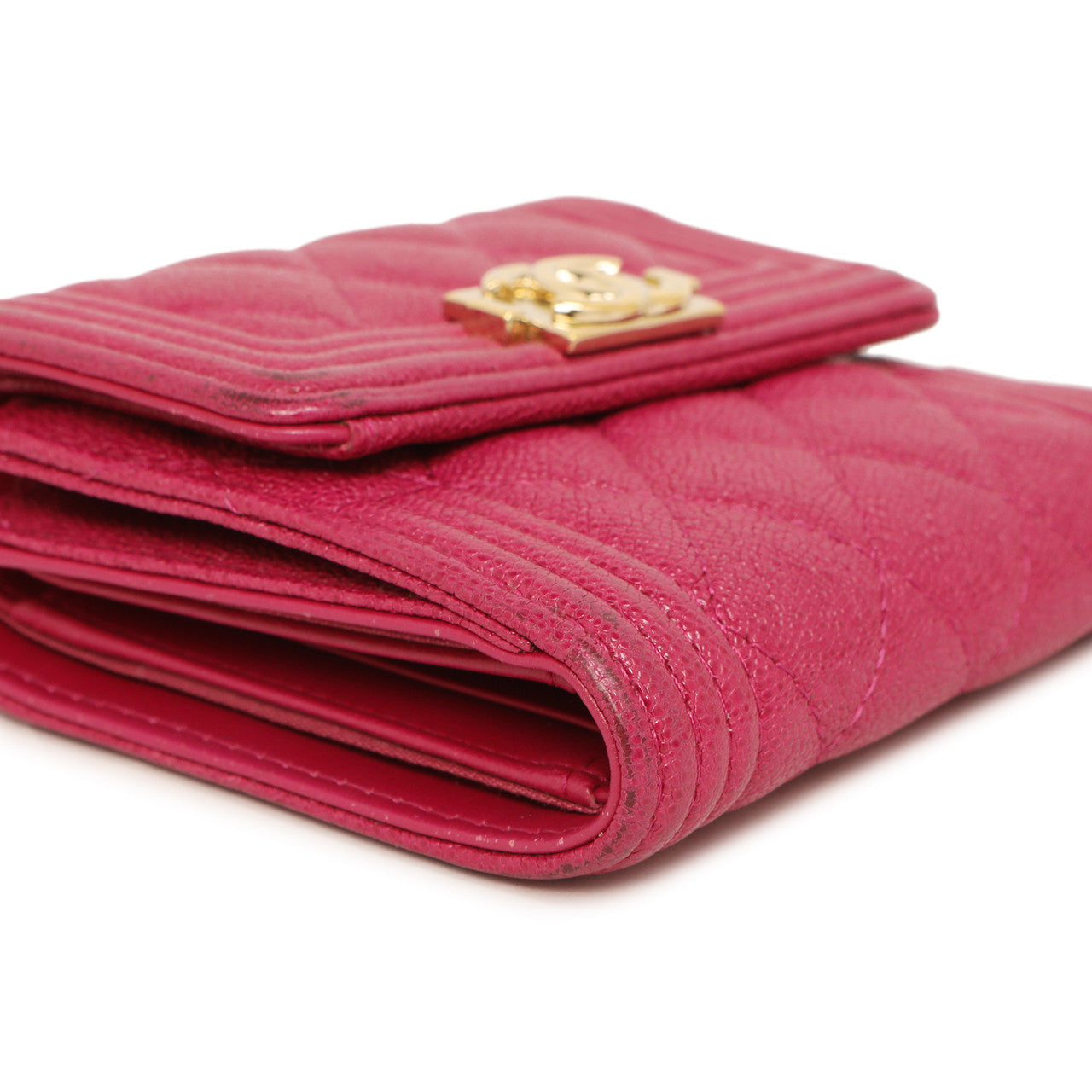 Exclusive Chanel Fuchsia Quilted Caviar Boy Compact Wallet — Lifestyle View