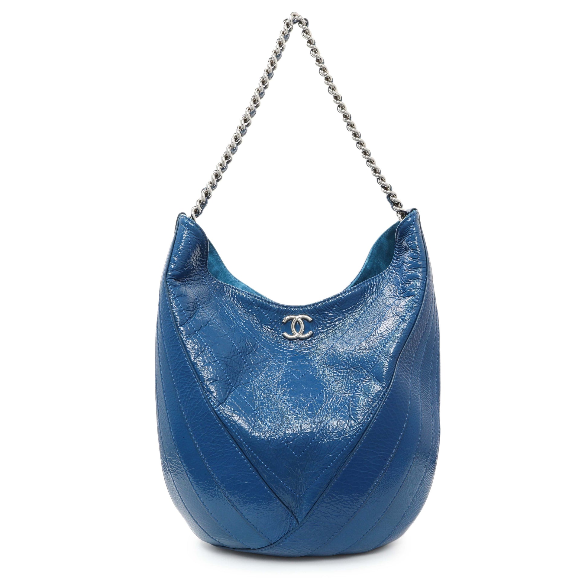 Exclusive Chanel Blue Crumpled Patent Leather Droplet Hobo — Front View