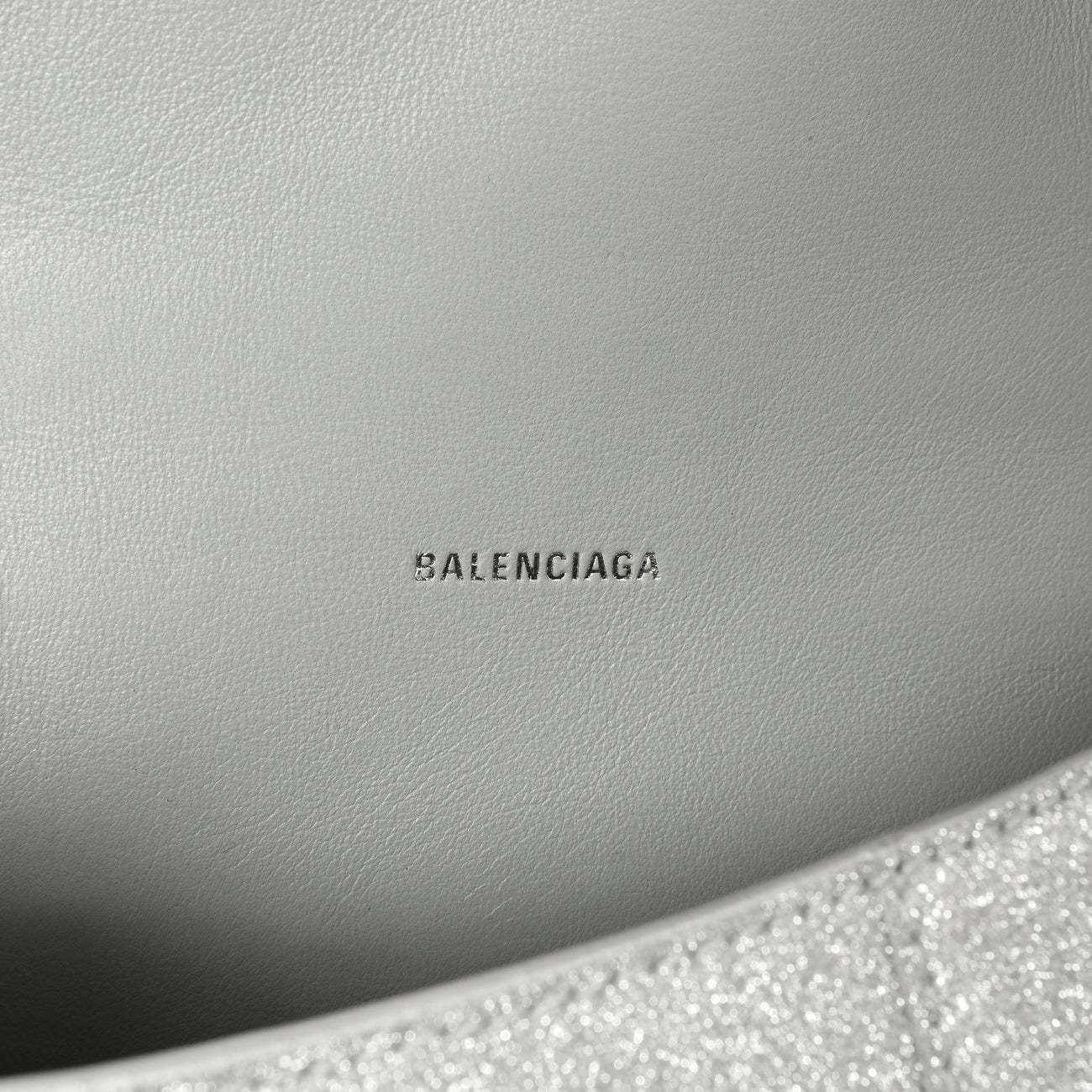 Exclusive Balenciaga Silver Sparkling Fabric Hourglass Top Handle Bag XS — Detail View
