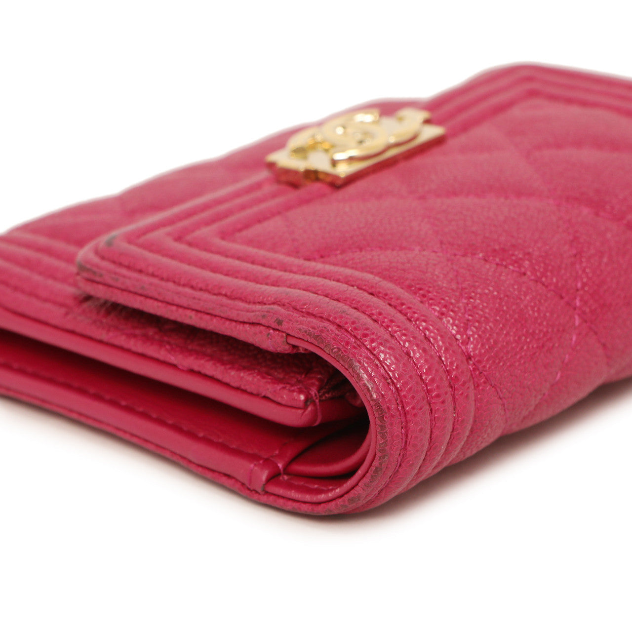 Exclusive Chanel Fuchsia Quilted Caviar Boy Compact Wallet — Detail View