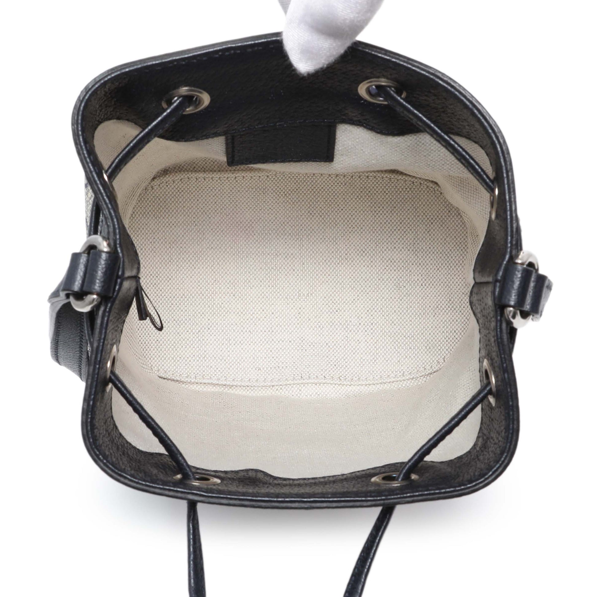 Exclusive Gucci Blue GG Supreme Monogram Web Mini Ophidia Bucket Bag — Top View