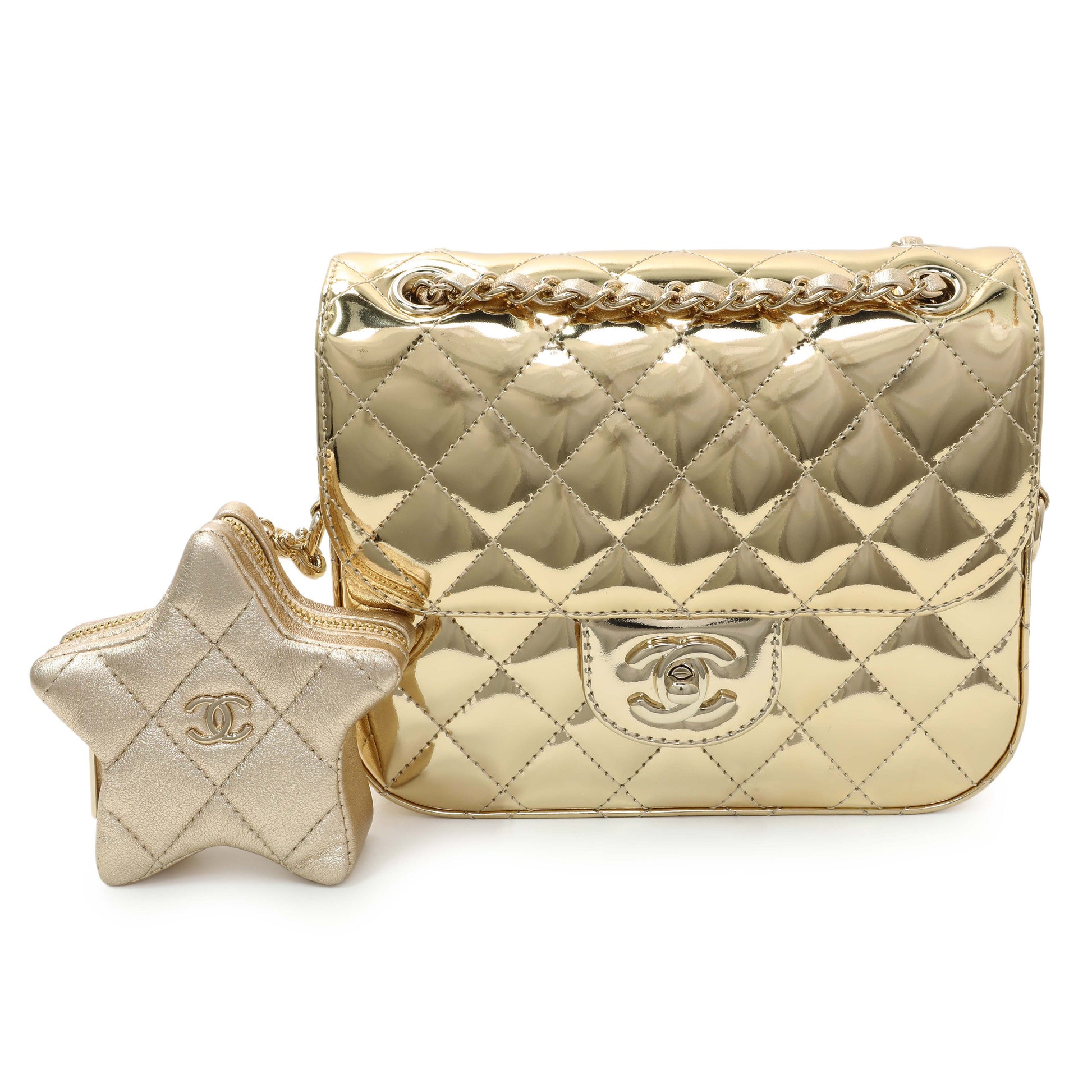 Exclusive Chanel Gold Mirror Calfskin Quilted Hollywood Boulevard Mini Flap With Star Coin Purse — Front View