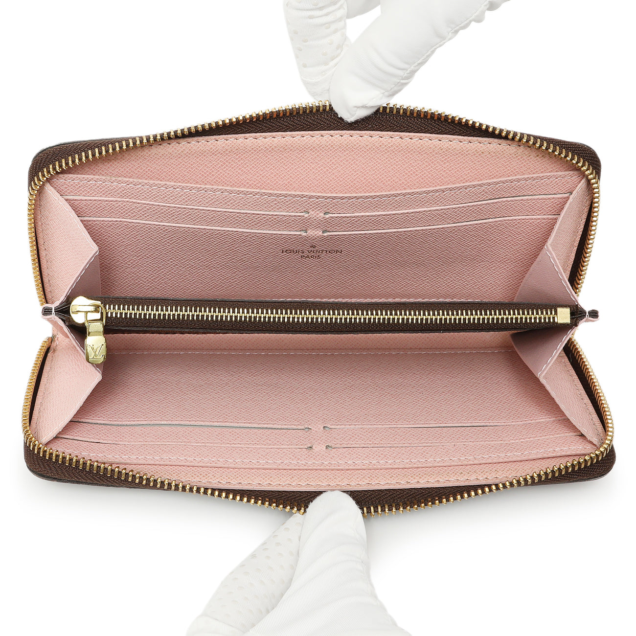 Exclusive Louis Vuitton Damier Ebene Rose Ballerine Clemence Wallet — Top View