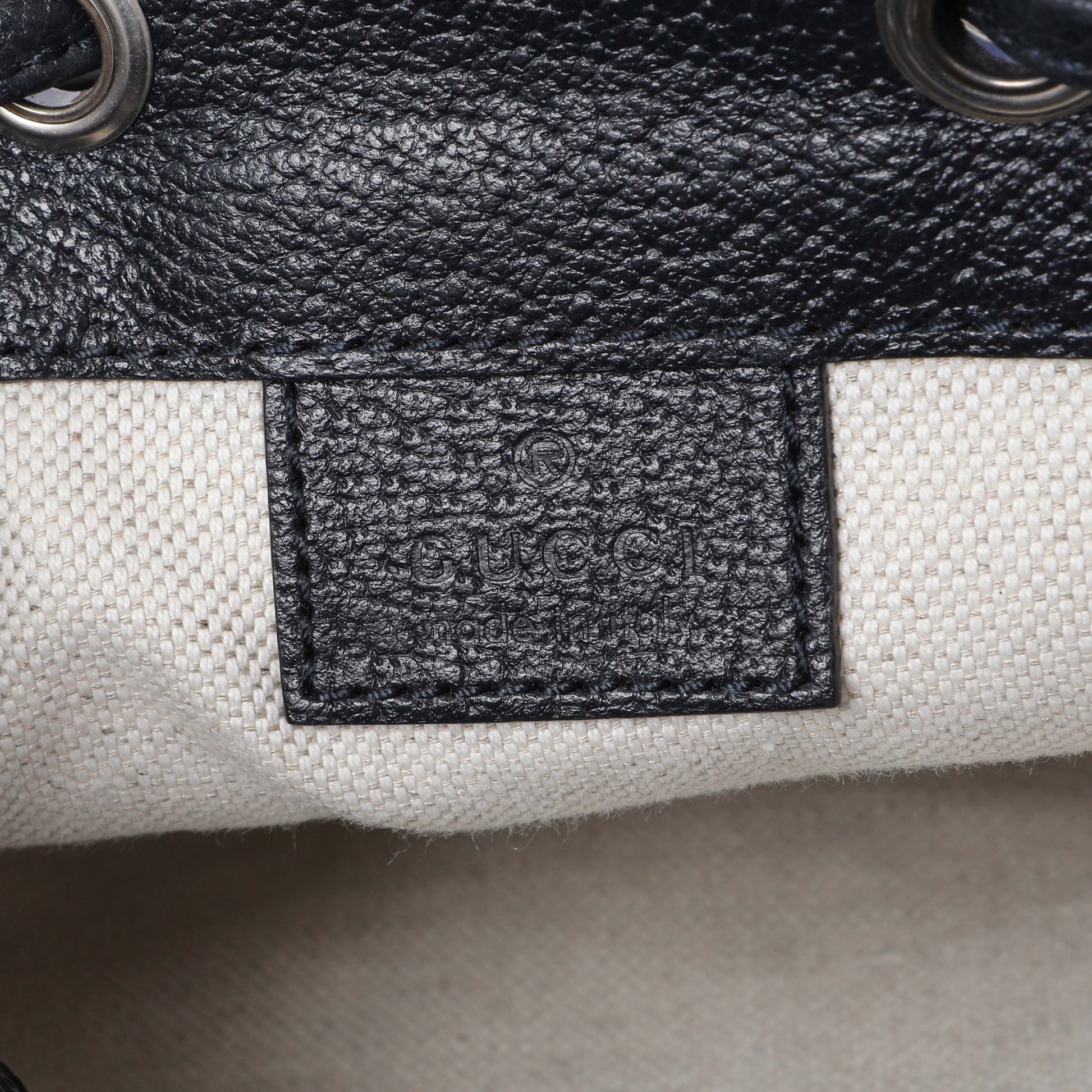 Exclusive Gucci Blue GG Supreme Monogram Web Mini Ophidia Bucket Bag — Detail View