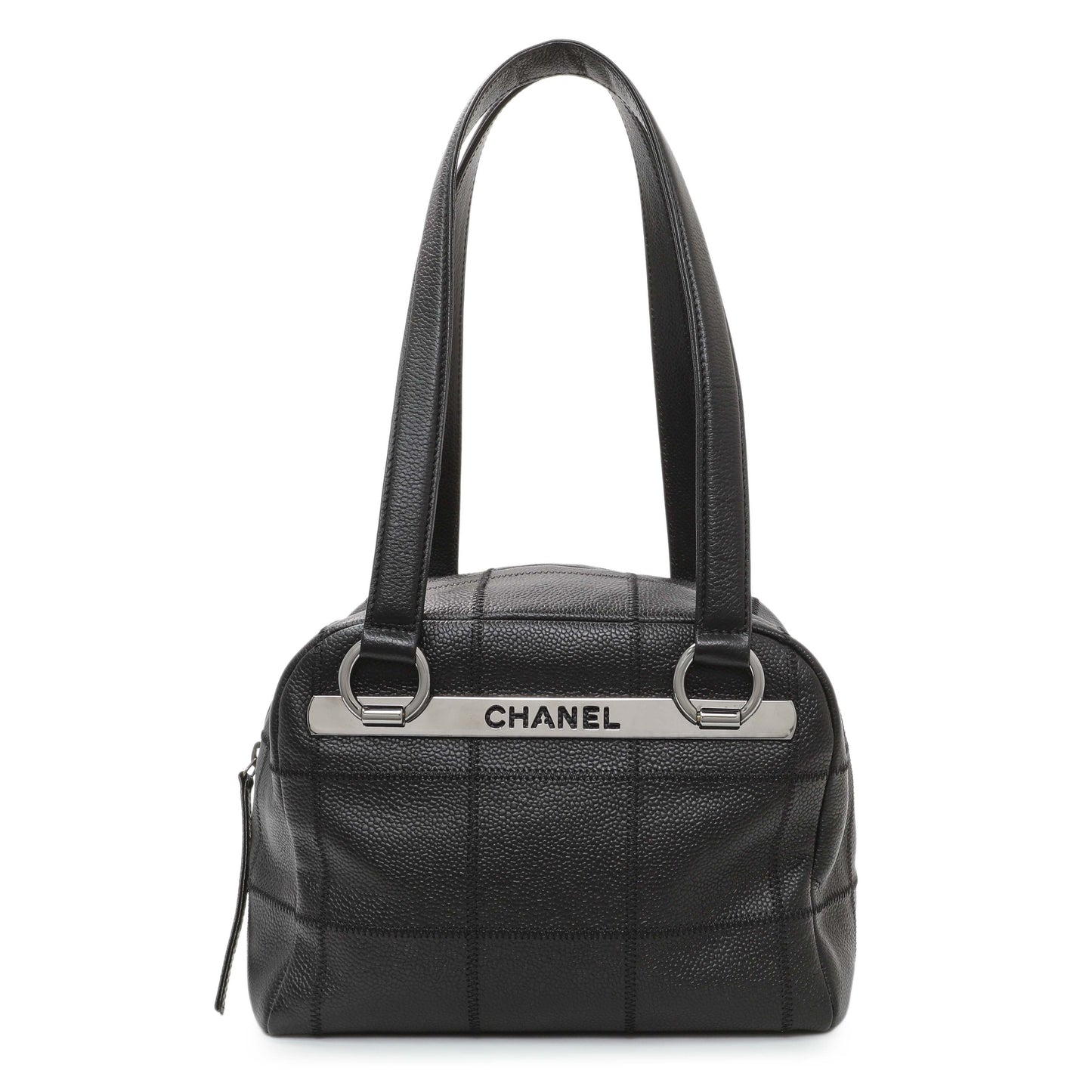 Exclusive Chanel Vintage Black Caviar Square Quilted Stitched Bowler Bag — Front View