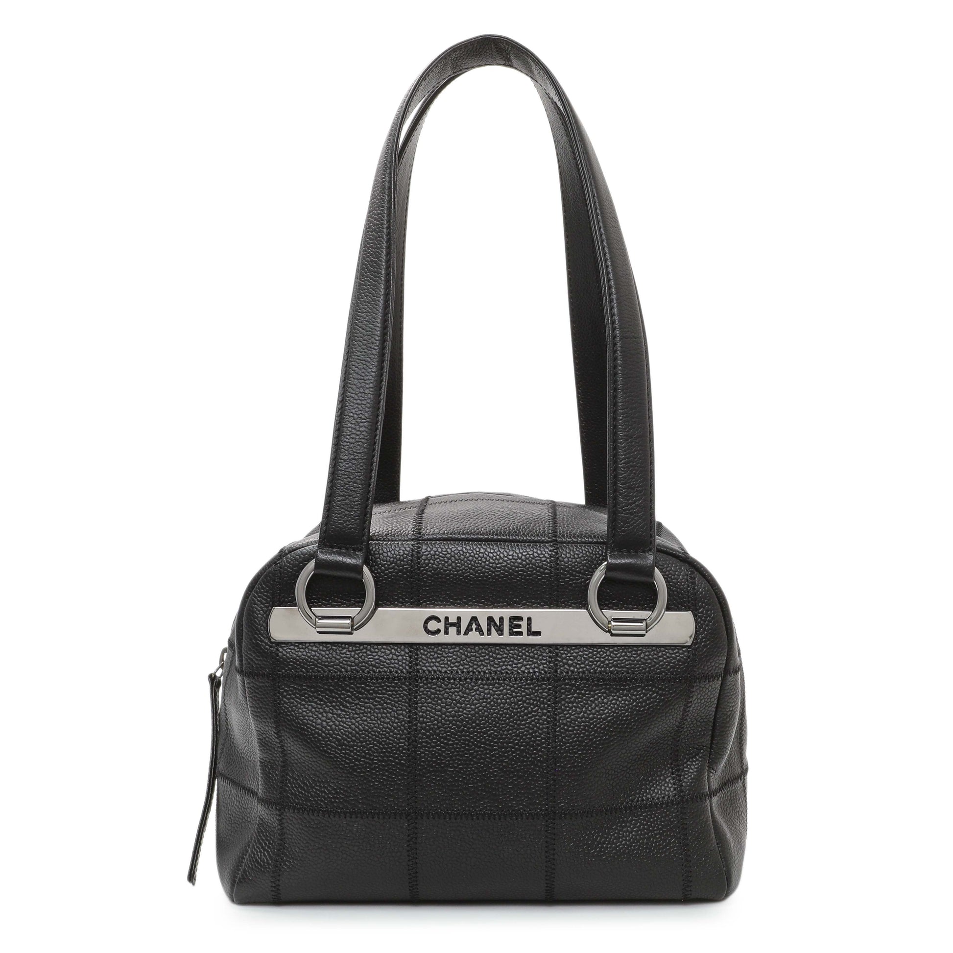 Exclusive Chanel Vintage Black Caviar Square Quilted Stitched Bowler Bag — Front View