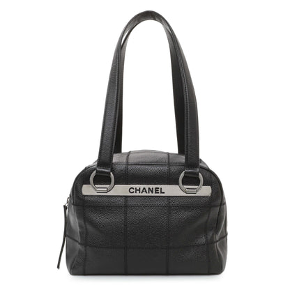 Exclusive Chanel Vintage Black Caviar Square Quilted Stitched Bowler Bag — Front View