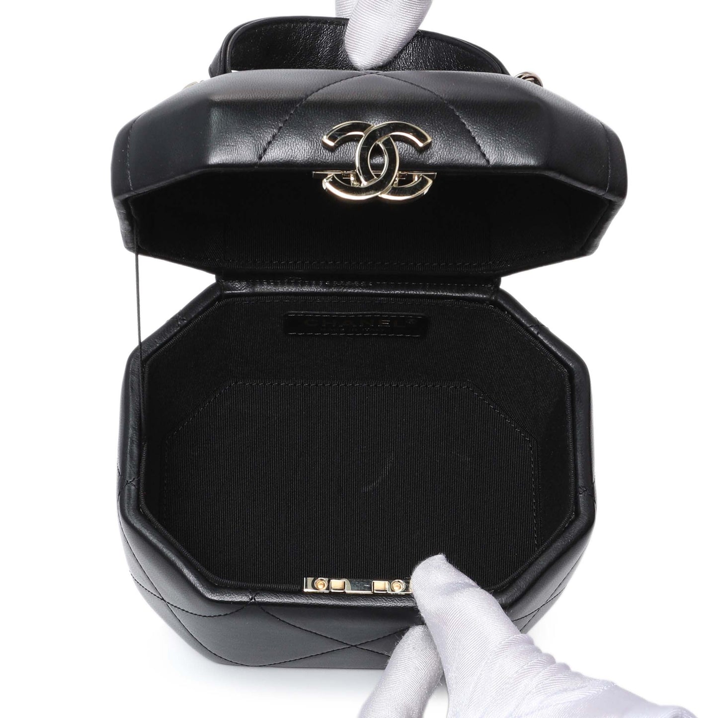 Exclusive Chanel Black Quilted Lambskin Hexagon Vanity Case — Detail View