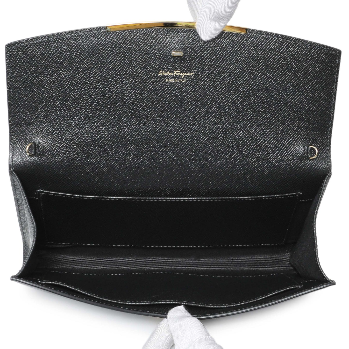 Exclusive Salvatore Ferragamo Black Grained Calfskin Gancio Clasp Chain Clutch — Top View