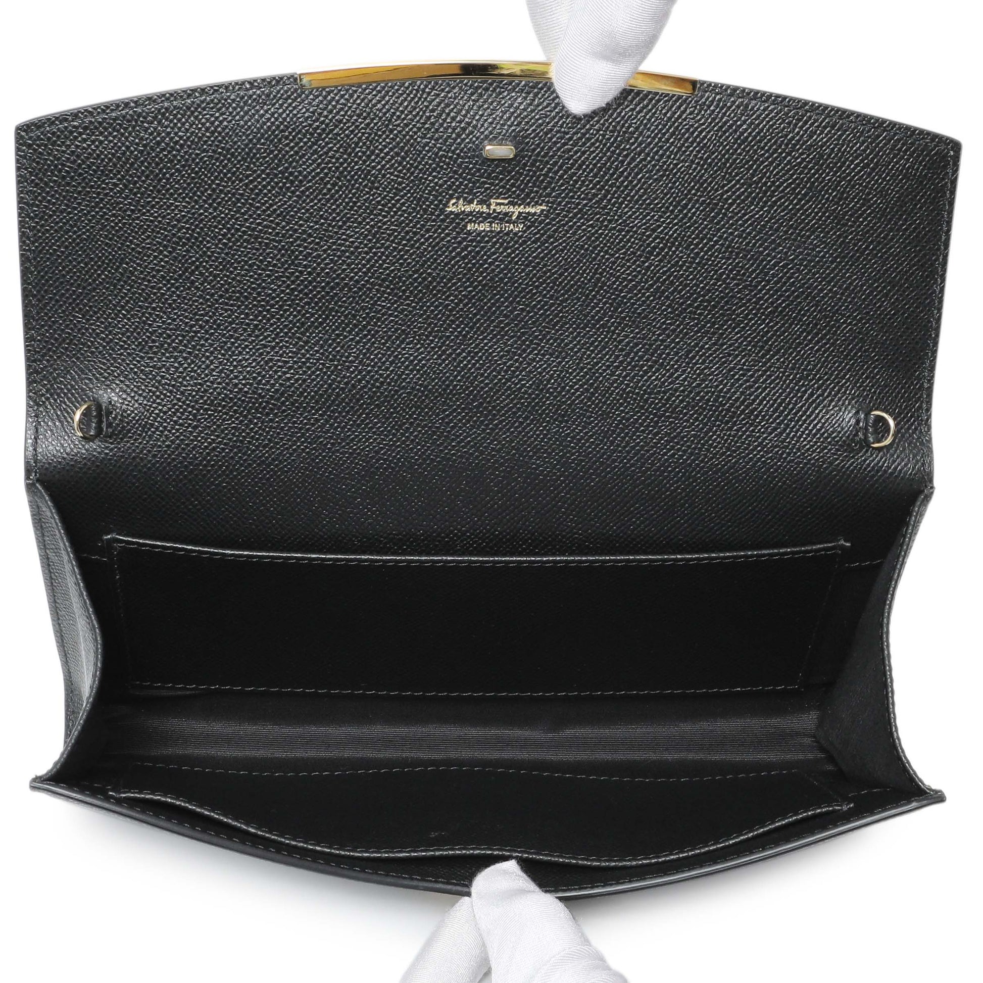Exclusive Salvatore Ferragamo Black Grained Calfskin Gancio Clasp Chain Clutch — Top View