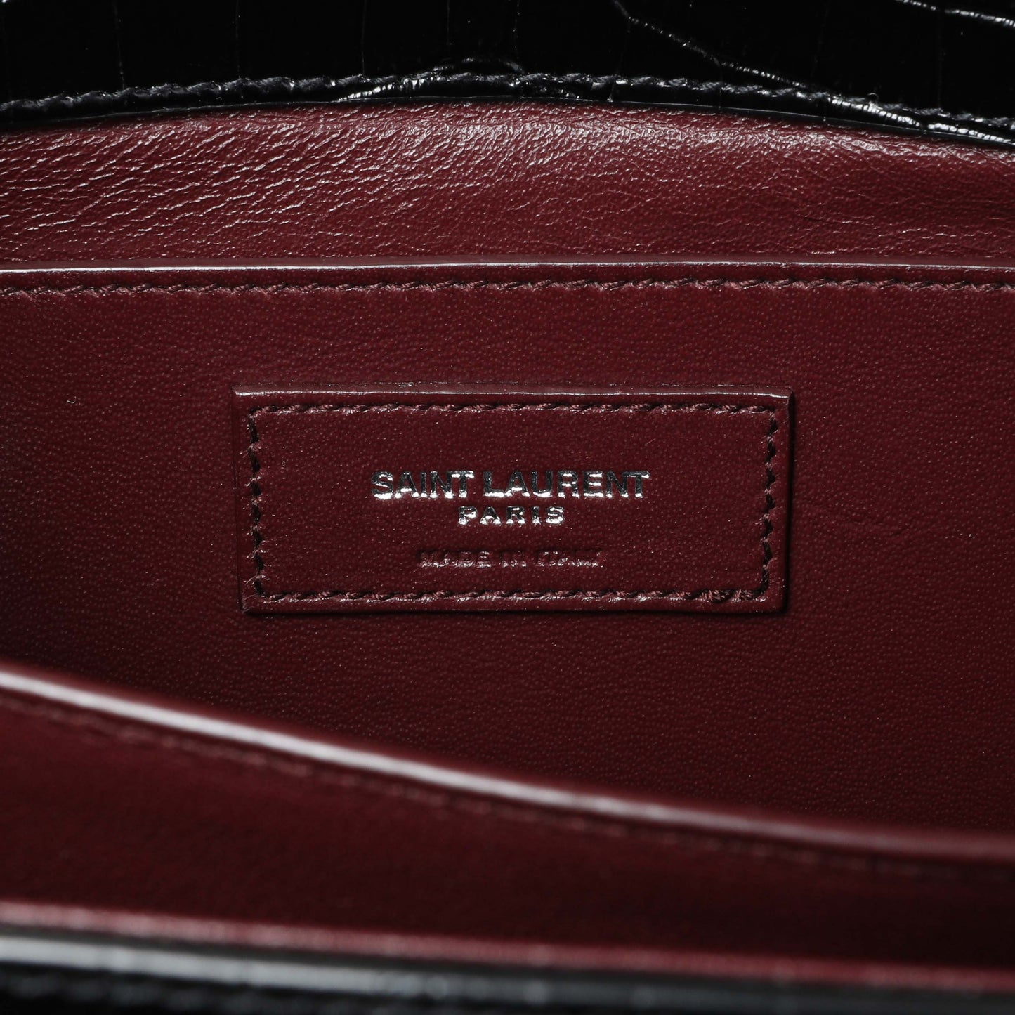 Exclusive Saint Laurent Black Calfskin Crocodile Embossed Medium Cassandra Top Handle — Detail View