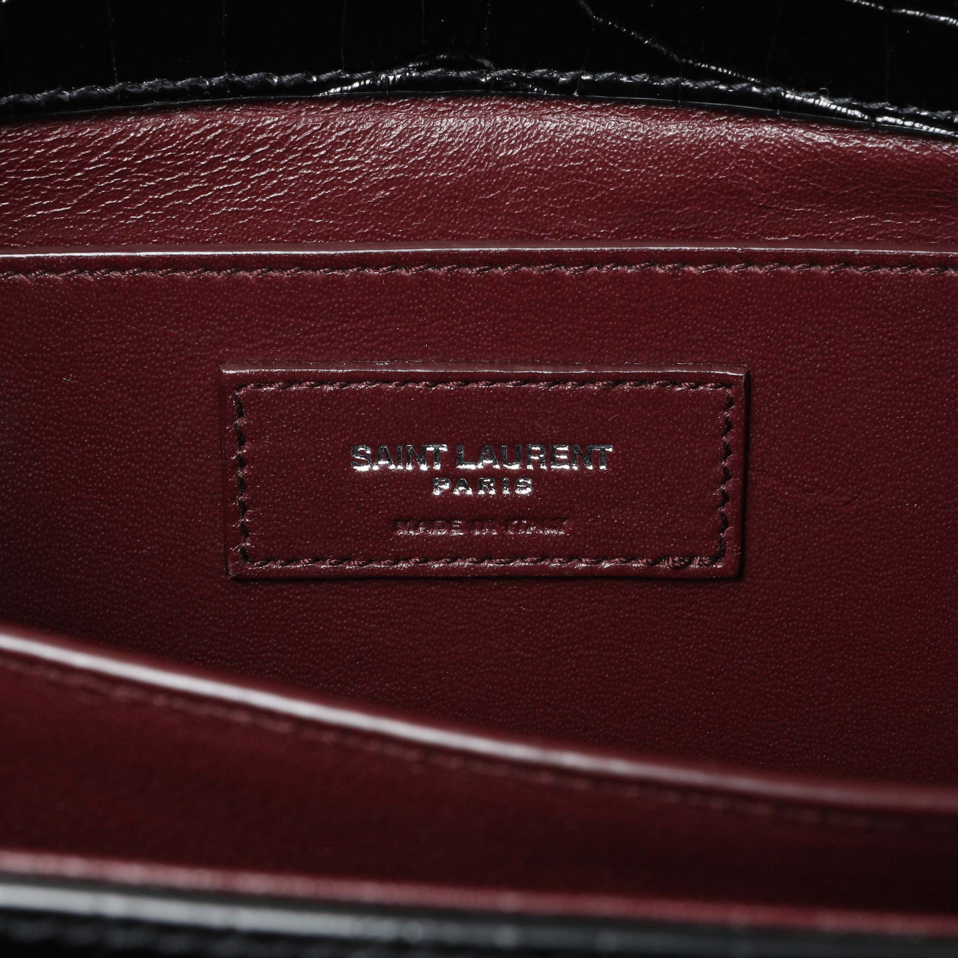 Exclusive Saint Laurent Black Calfskin Crocodile Embossed Medium Cassandra Top Handle — Detail View