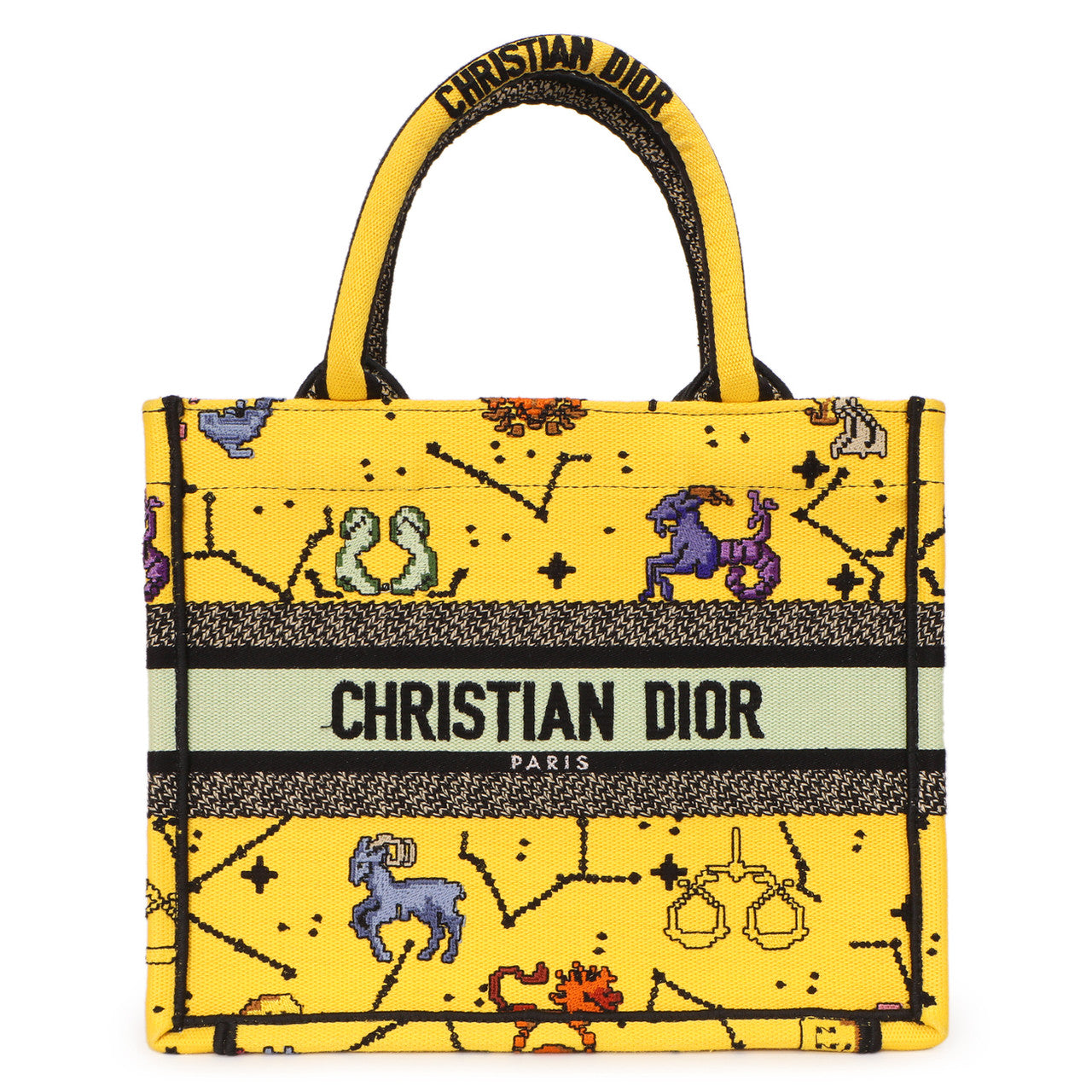 Exclusive Christian Dior Yellow Embroidered Pixel Zodiac Small Book Tote — Front View