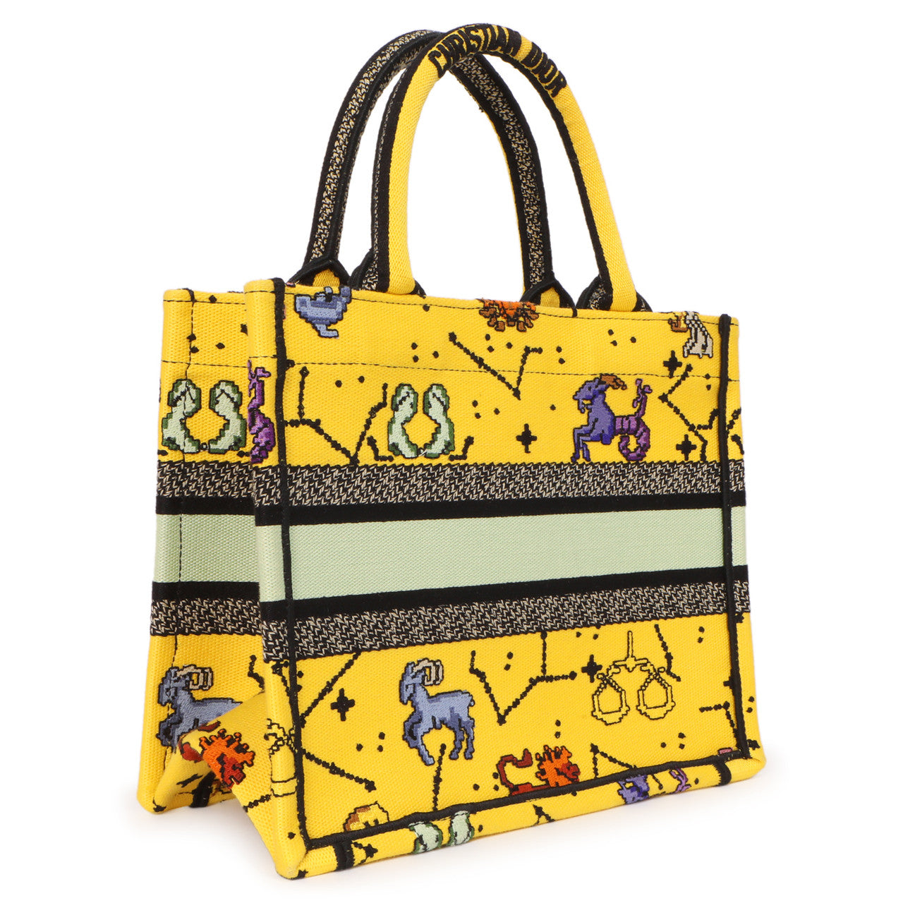 Exclusive Christian Dior Yellow Embroidered Pixel Zodiac Small Book Tote — Side View
