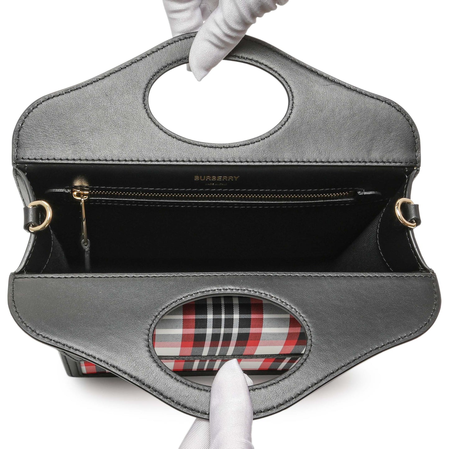 Exclusive Burberry Black Calfskin Check Canvas Mini Pocket Bag — Top View