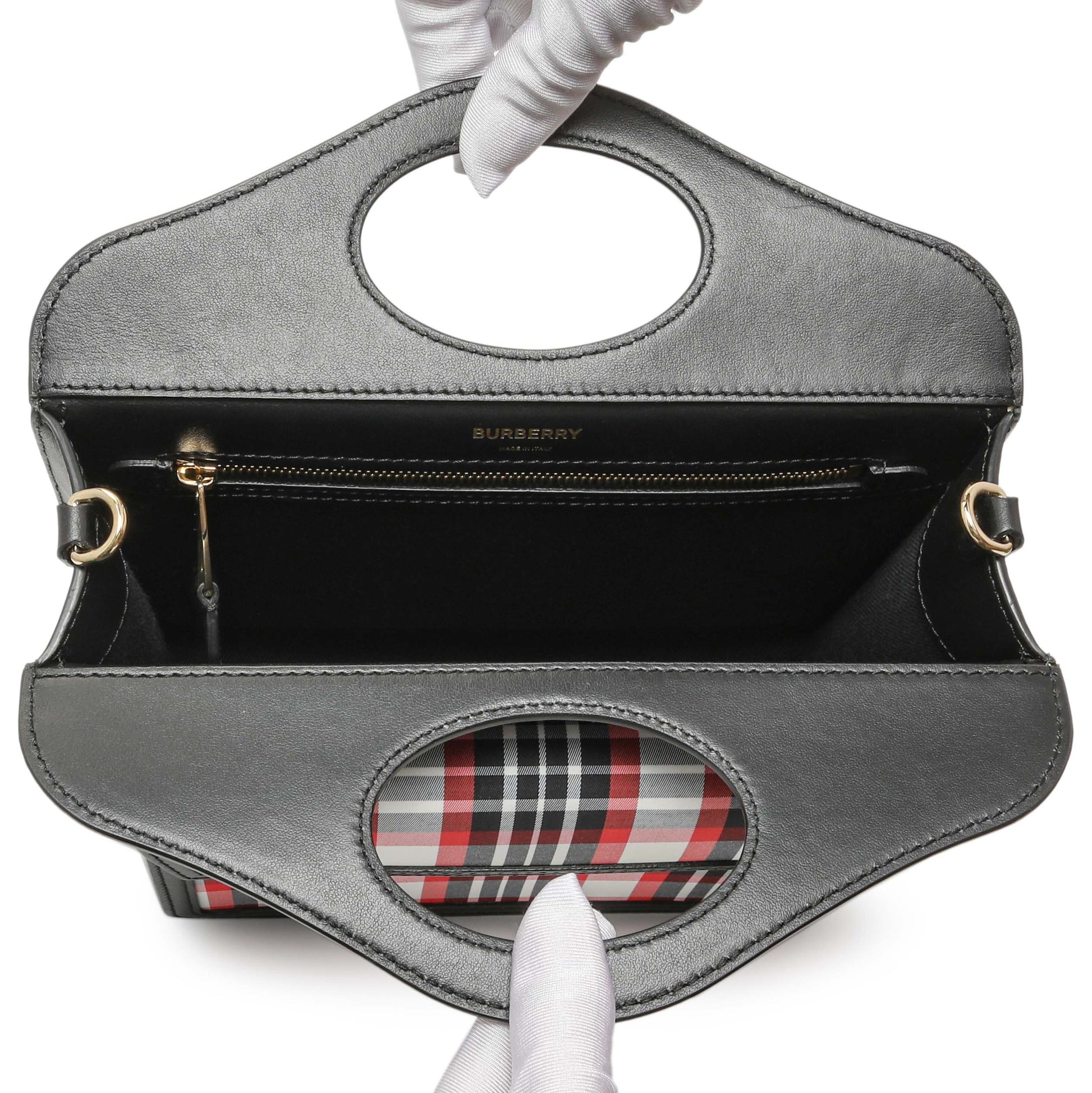 Exclusive Burberry Black Calfskin Check Canvas Mini Pocket Bag — Top View