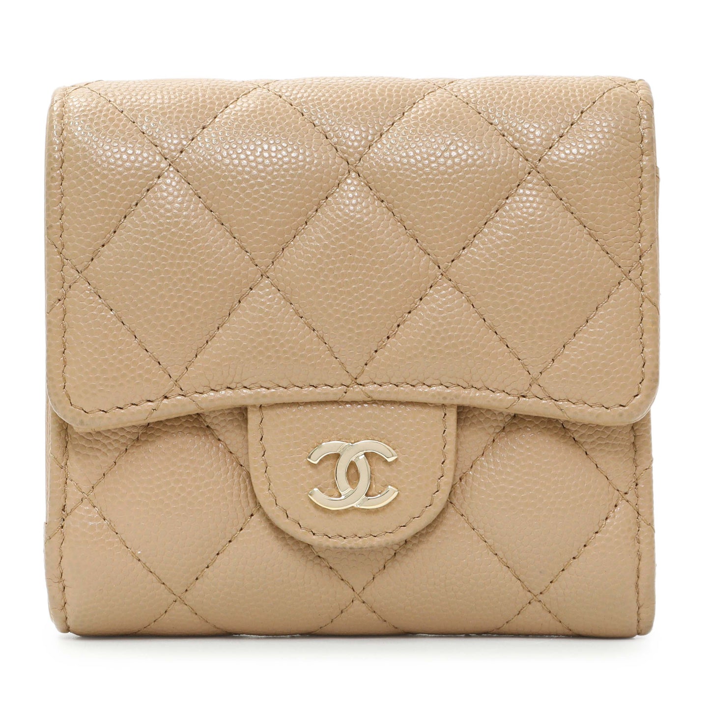 Exclusive Chanel Beige Quilted Caviar Tri-Fold Wallet — Front View